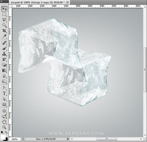 Ice cube 3D photoshop tools tutorial. 3D scene ice cube and cherry inside, ice txture effect in photoshop, ice reflection, 3D rendering, 3D light effects, realistic ice effectt, winterphotoshop  ideas